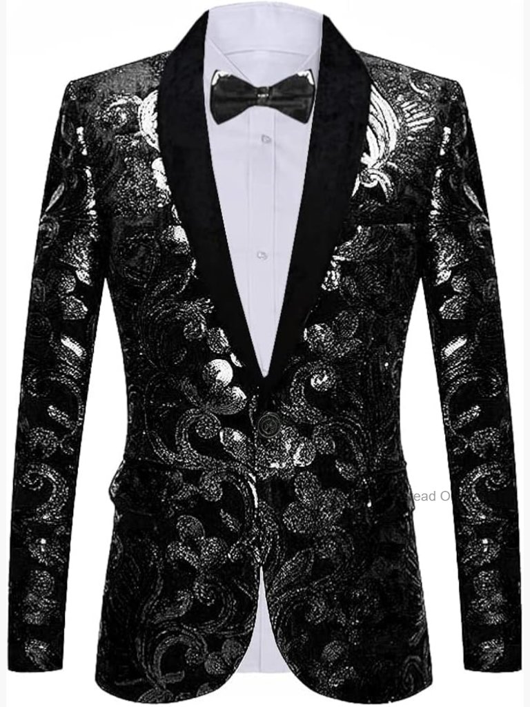 Men's Velvet Sequins Blazer Floral Pattern Party Prom Suit Jacket